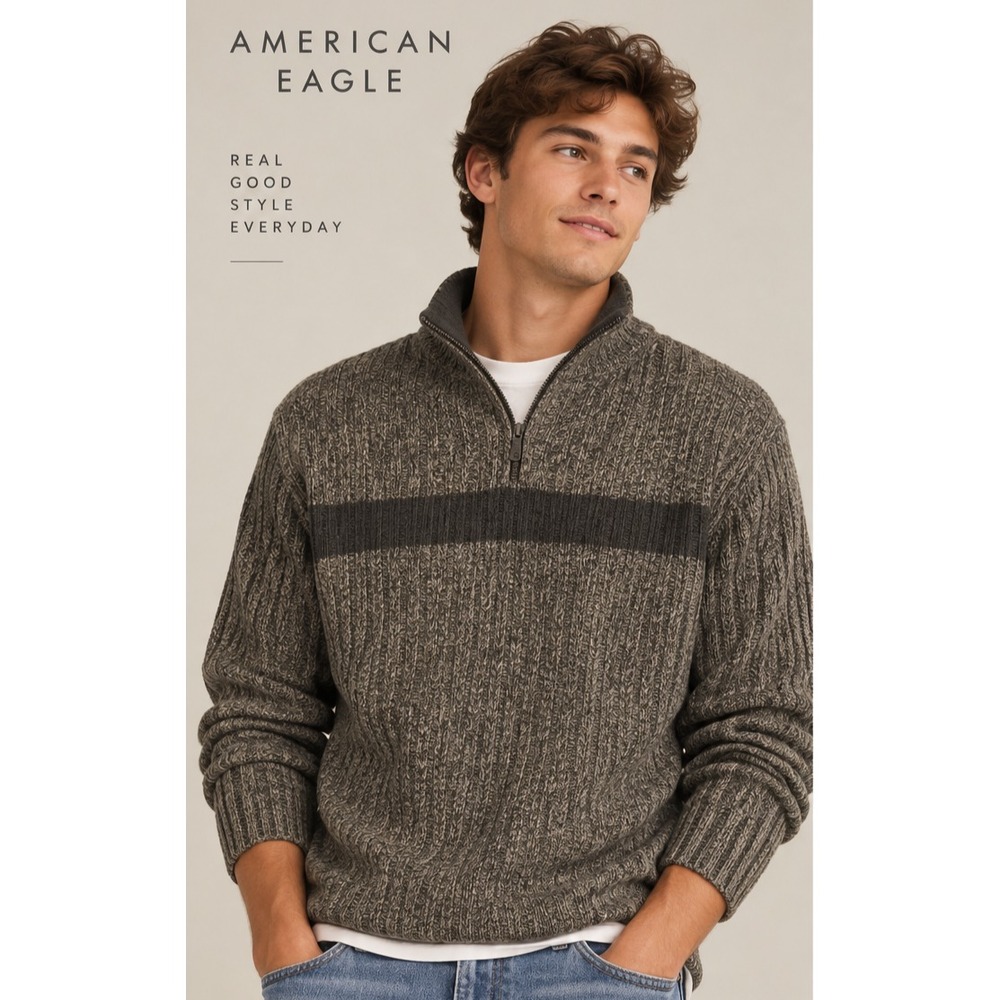 VTG Y2K American Eagle Outfitters Mens M 100% Wool Quarter Zip Sweater Stripe